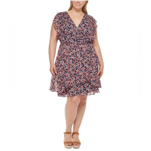 Tommy Hilfiger Navy Floral Sheer Tie Waist Flutter Sleeve Faux Wrap Dress 14W - Picture 1 of 13